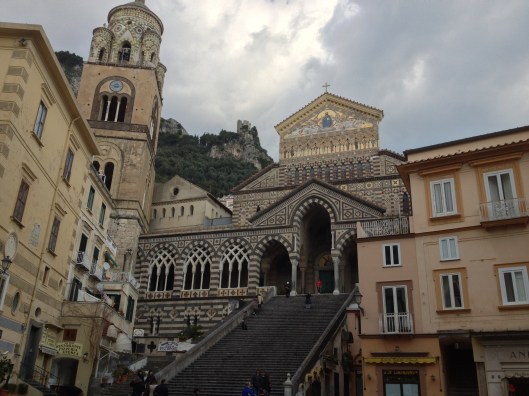 Amalfi has the glamour of the once glorious maritime Republic, the Duomo di St Andrea was founded in the 9th century and rebuilt in Romanesque style in the 11th century. The campanile is is decorated with Arabic like interlaced arches, typical of the Southern Italian 