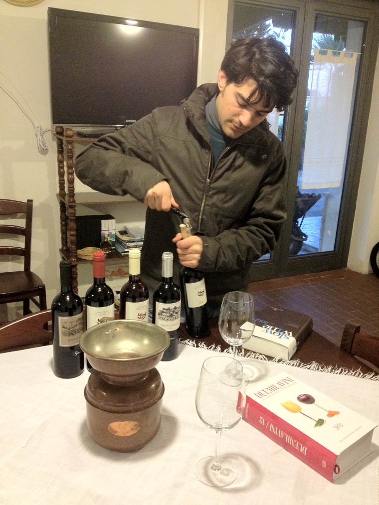 Vincenzo di Meo, young enologist in charge of the family owned winery La Sibilla conducting a wine tasting of his own production.    