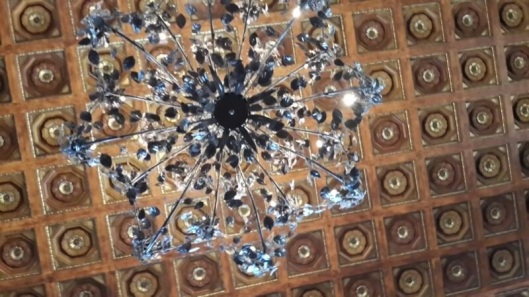 Detail of the roof and chandelier Inside the majestic main lobby of the Freedom Tower 